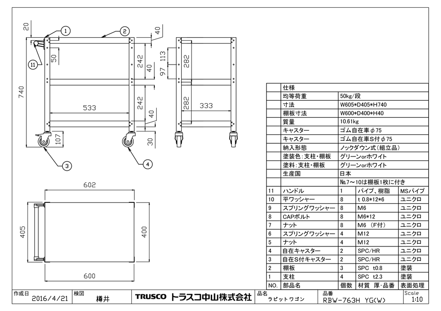 RBW-662H-YG | ラビットワゴン 600×400/700×450 ハンドル付 ゴム車輪 