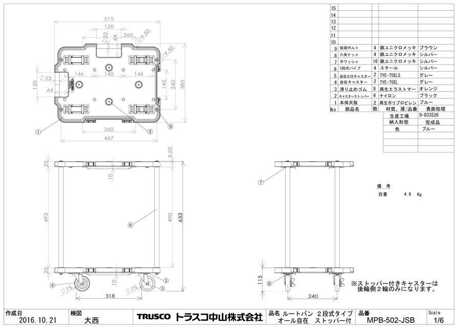 TRUSCO 樹脂製台車 ルートバン 3段式 400X600 青 MPB-603-B - 2