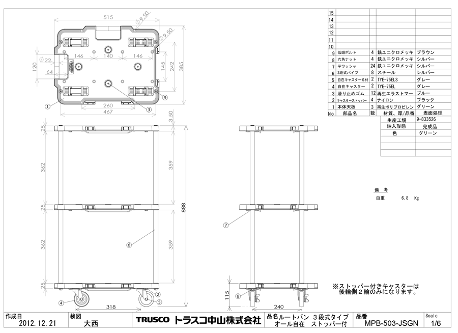 在庫一掃】 トラスコ TRUSCO ルートバン 3段式 370X500 青 MPB-503-B