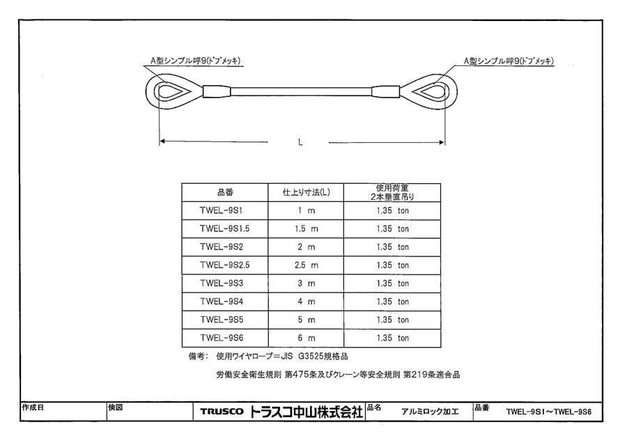 編み込みワイヤー JISメッキ(G O) 20mm（6.5分）x6.5m 玉掛けワイヤーロープ 2本組 フレミッシュ 玉掛ワイヤー - 1