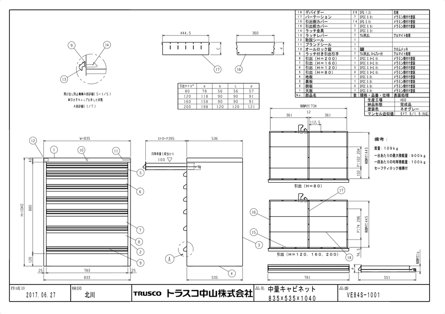 M3型中量棚収納用キャビネット VE84S型 VE84S-1001図面