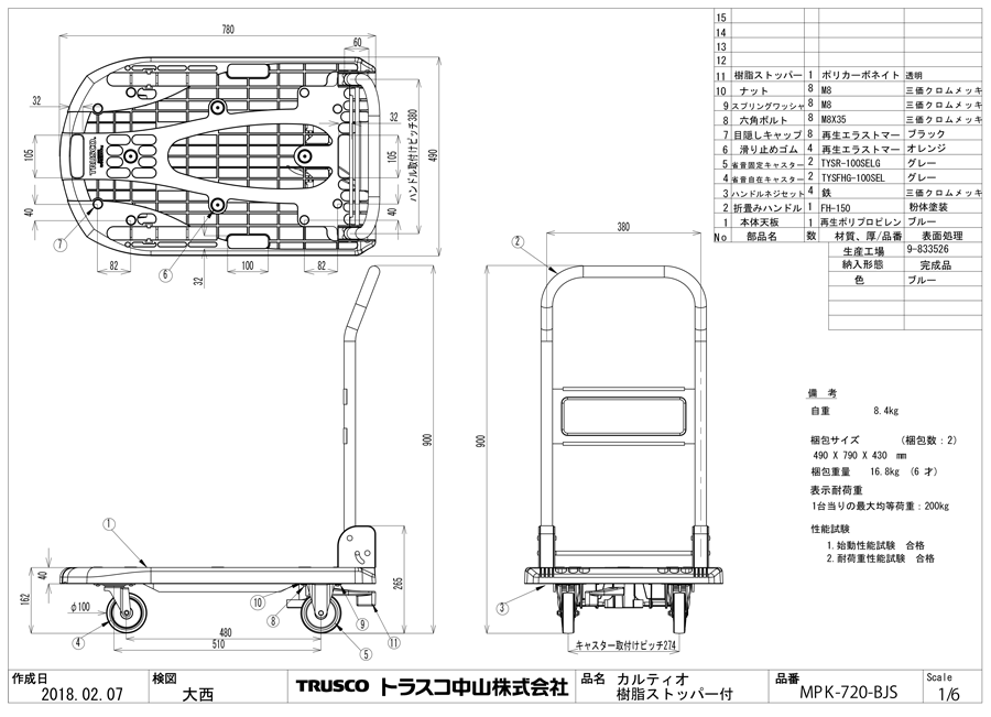 在庫有り お買い得 TRUSCO トラスコ 樹脂台車 カルティオ 折畳 780X490 白 樹脂ストッパー付 MPK720WJS 物流、運搬用