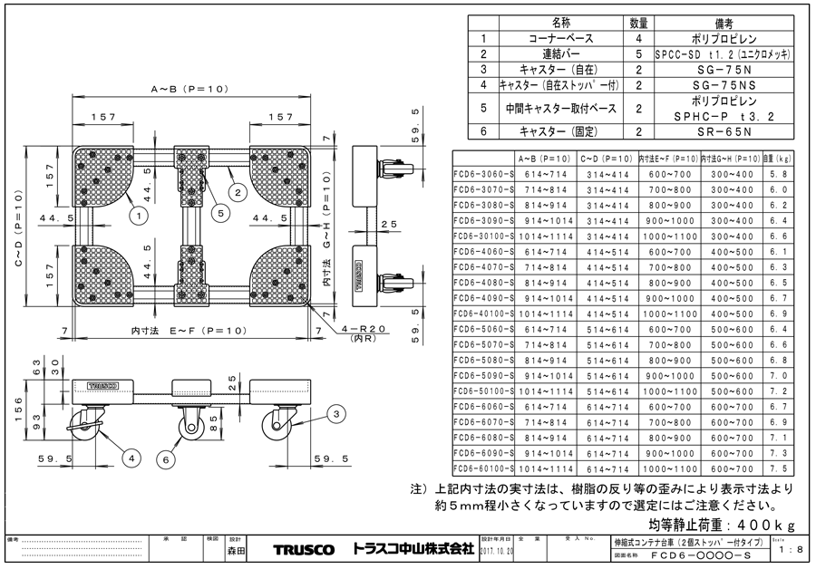 楽天 GU19278 伸縮式コンテナ台車６輪型５００ｘ１００００