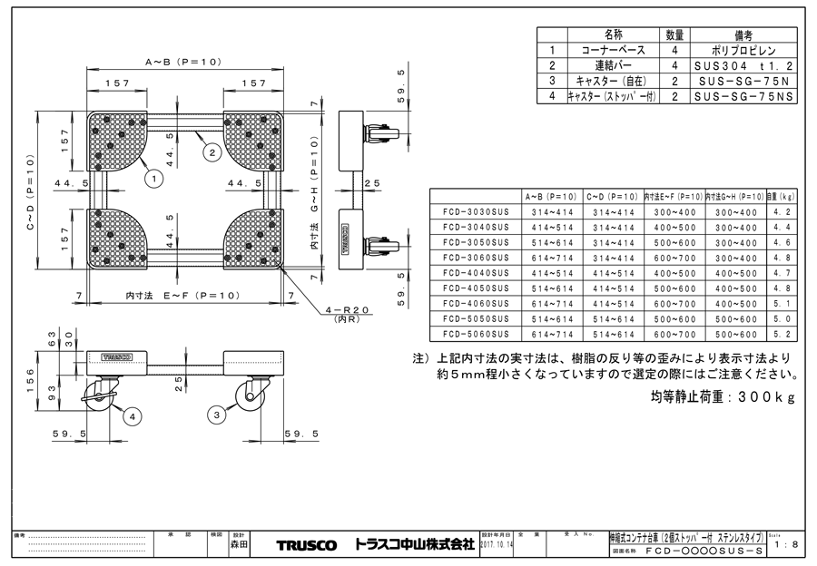 TRUSCO(トラスコ) 伸縮式コンテナ台車用コーナーセット S付×2 SUS金具 FCD-CR-SUS-S - 3