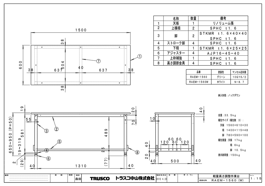 トラスコ中山/TRUSCO 帯電防止マット張りAE型作業台 1200X750 W色