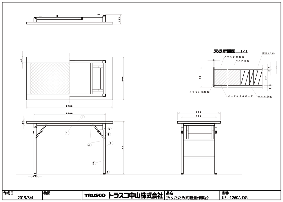 □TRUSCO UFL型折畳型作業台 900X600XH740 DG色 UFL0960ADG(1607793