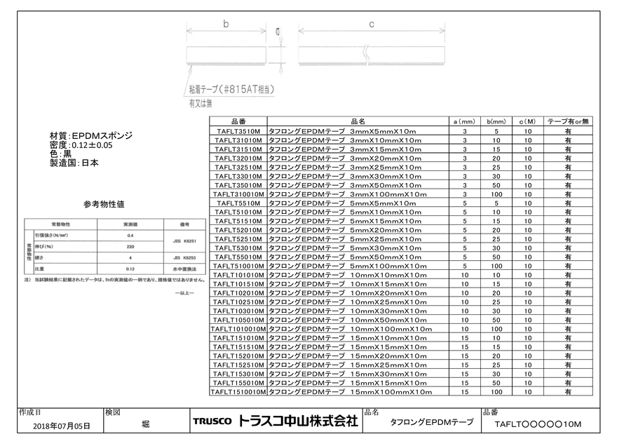 タフロングEPDMテープ 型番：TAFLT-330-10M