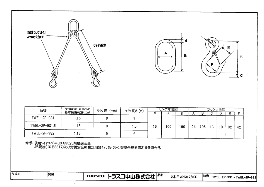 玉掛けワイヤロープスリング アルミロック（2本吊りタイプ/スリング径9mm） | トラスコ中山 | MISUMI-VONA【ミスミ】