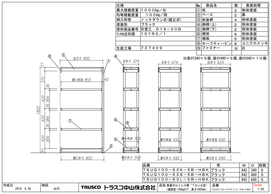 TRUSCO TSUG型スチール軽量ボルトレス棚（連結）