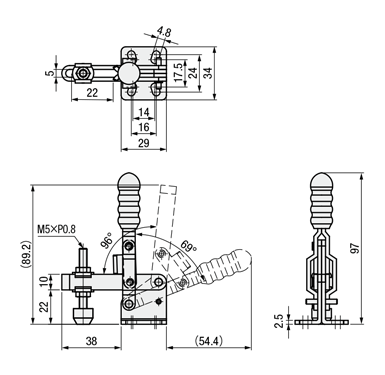 トグルクランプ －ハンドル立型－ U型アーム（フランジベース） GH-11002-B 外形図