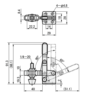 トグルクランプ －ハンドル立型－ U型アーム（フランジベース） GH-102-B 外形図