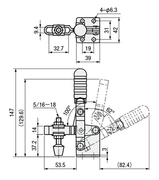 トグルクランプ －ハンドル立型－ U型アーム（フランジベース） GH-101-D 外形図