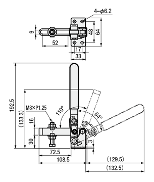 トグルクランプ －ハンドル立型－ U型アーム（フランジベース） GH-11412 外形図