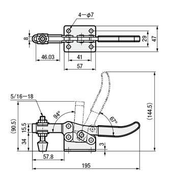 トグルクランプ －水平型－ U型アーム(フランジベース) GH-203-F/GH-203-FSS 外形図