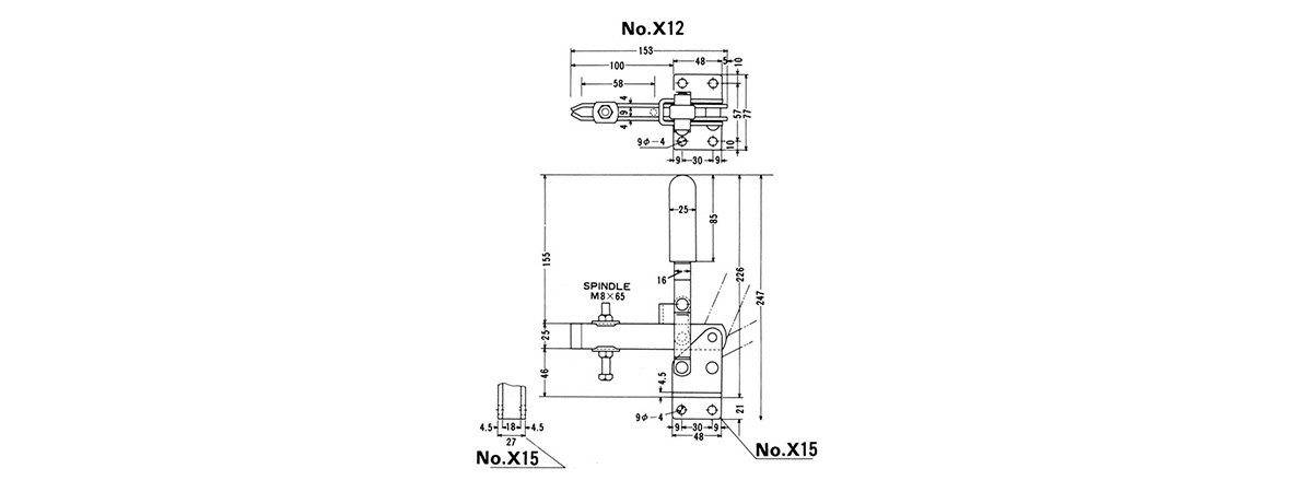 下方押さえ型クランプ NO.X15の寸法図