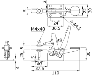 下方押さえ型クランプ クランプ時ハンドル横型 No.03 外形図