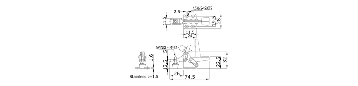 下方押さえ型クランプ NO.08の寸法図