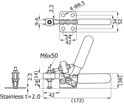 下方押さえ型クランプ クランプ時ハンドル横型 No.38B-S 外形図