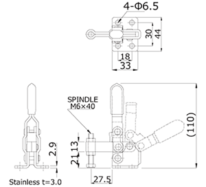 下方押さえ型クランプ クランプ時ハンドル縦型 No.40A 外形図