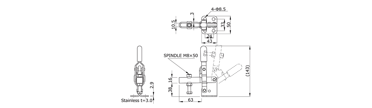 下方押さえ型クランプ NO.42A-2Sの寸法図