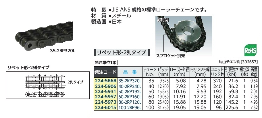 片山チエン KCM ローラチェーン160-3 160-3CPT :K156-13636:DIY