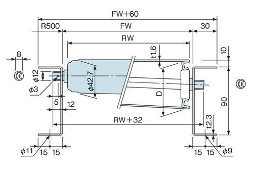 スチール製テーパローラ単体 (ｺﾝﾍﾞﾔ用ﾛｰﾗ) 径φ42.7(R500) × 幅305-690 (CTR型） | オークラ輸送機