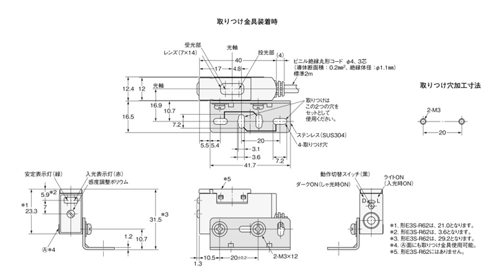 E3S-R1E4 2M 透明体検知用光電センサ【E3S-R】 オムロン MISUMI(ミスミ)