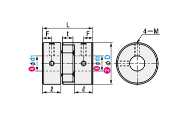 ジョー形カップリング –セットスクリュータイプ（φ14～30（外径14～30mm））の寸法図
