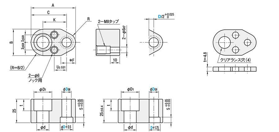 NC対応ボルト一本締めタイプショルダー式リテーナー　（厚さ２５mm） 外形図