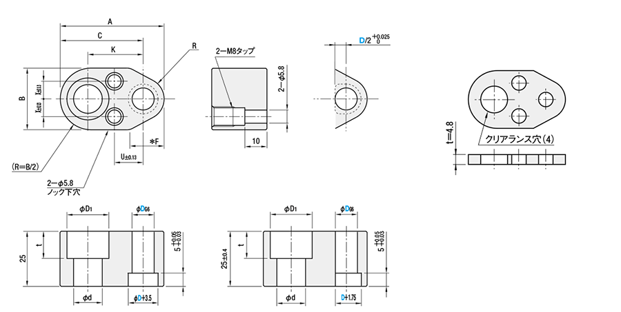 刃合せ用ボルト一本締めタイプショルダー式リテーナー　（厚さ２５mm） 外形図