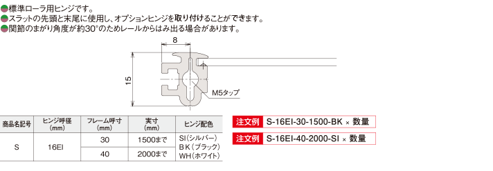 ○標準ローラ用ヒンジです。　○スラットの先頭と末尾に使用し、オプションヒンジを取り付けることができます。　○関節のまがり角度が約30°のためレールからはみ出る場合があります。