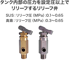 タンク内部の圧力を設定圧以上でリリーフするリリーフ弁　SUS：リリーフ圧（MPa）:0.1～0.65　真鍮：リリーフ圧（MPa）:0.3～0.65