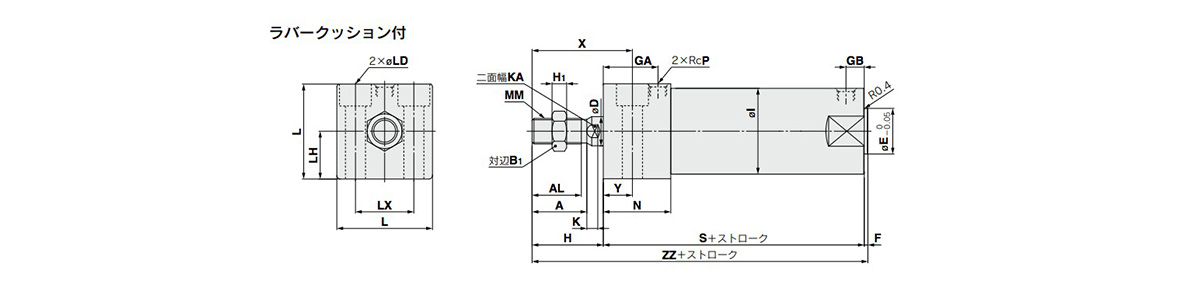 ラバークッション付の外形寸法図／底面取付図