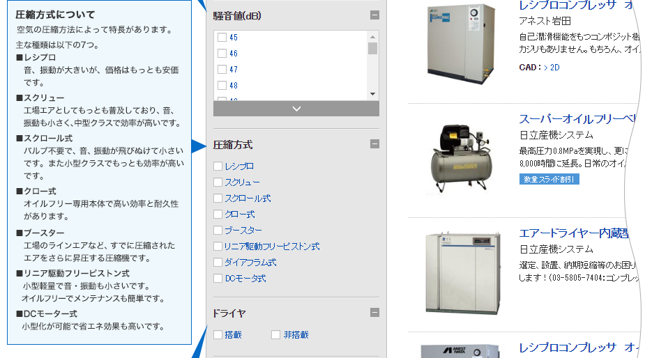 圧縮方式について　空気の圧縮方法によって特長があります。主な種類は以下の7つ。■レシプロ　音、振動が大きいが、価格はもっとも安価です。■スクリュー　工場エアとしてもっとも普及しており、音、振動も小さく、中型クラスで効率が高いです。■スクロール式　バルブ不要で、音、振動が飛びぬけて小さい　です。また小型クラスでもっとも効率が高いです。■クロー式　オイルフリー専用本体で高い効率と耐久性があります。■ブースター　工場のラインエアなど、すでに圧縮されたエアをさらに昇圧する圧縮機です。■リニア駆動フリーピストン式 小型軽量で音・振動も小さいです。オイルフリーでメンテナンスも簡単です。■DCモーター式　小型化が可能で省エネ効果も高いです。