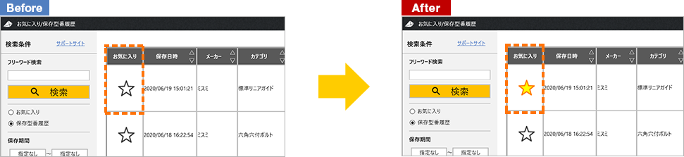 お気に入り/保存型番履歴画面でのお気に入り登録について
