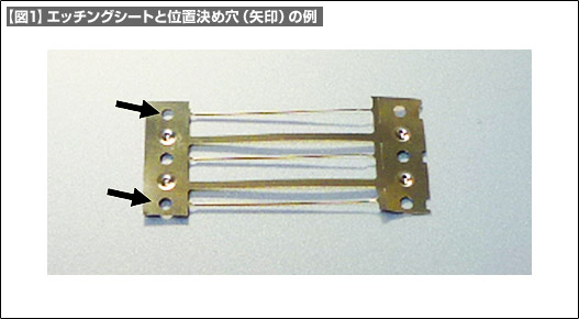 【図1】エッチングシートと位置決め穴（矢印）の例