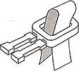 PPバンド用ストッパー取扱方法 ①テープを二つに折りストッパーの中に通す。