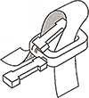 PPバンド用ストッパー取扱方法 ②テープの輪の中に足の1本を折り込む。