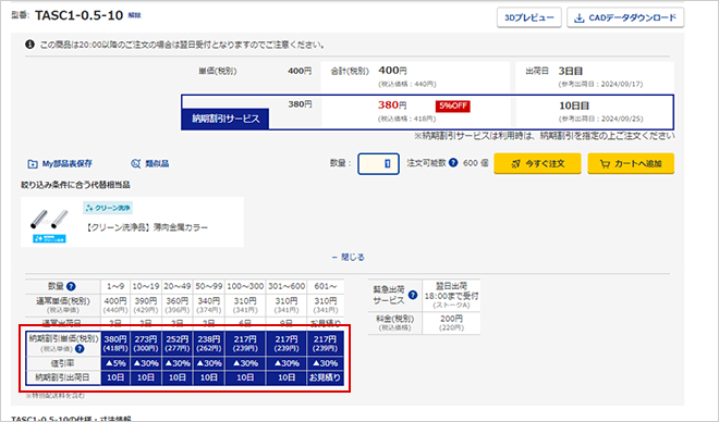 納期割引サービス対象商品表示例img